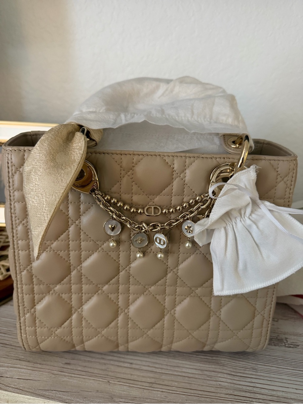 Lady Dior Mini Tote in Beige with Gold Charm Chain and Toile included